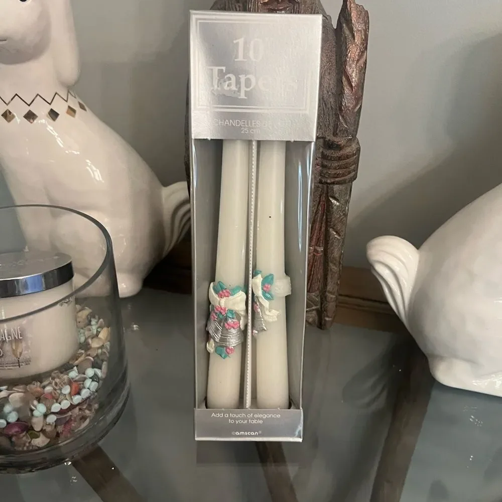 Wedding Bells Vintage 10” Cream Taper Candles with Floral Details.